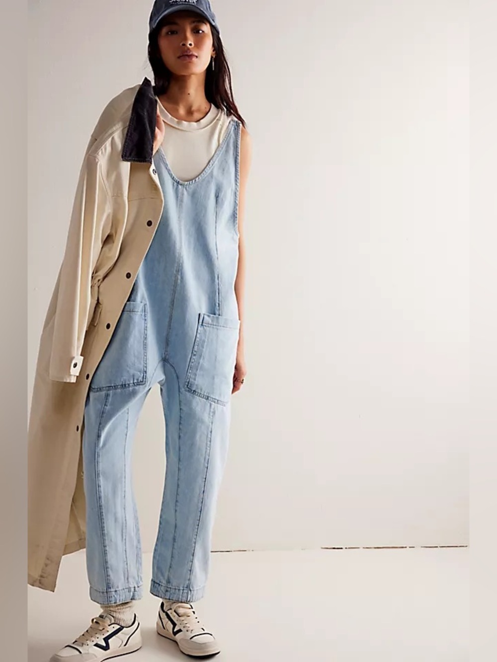 We The Free Light Blue Denim Overalls with Cream Layering Tee - Picture 1 of 11